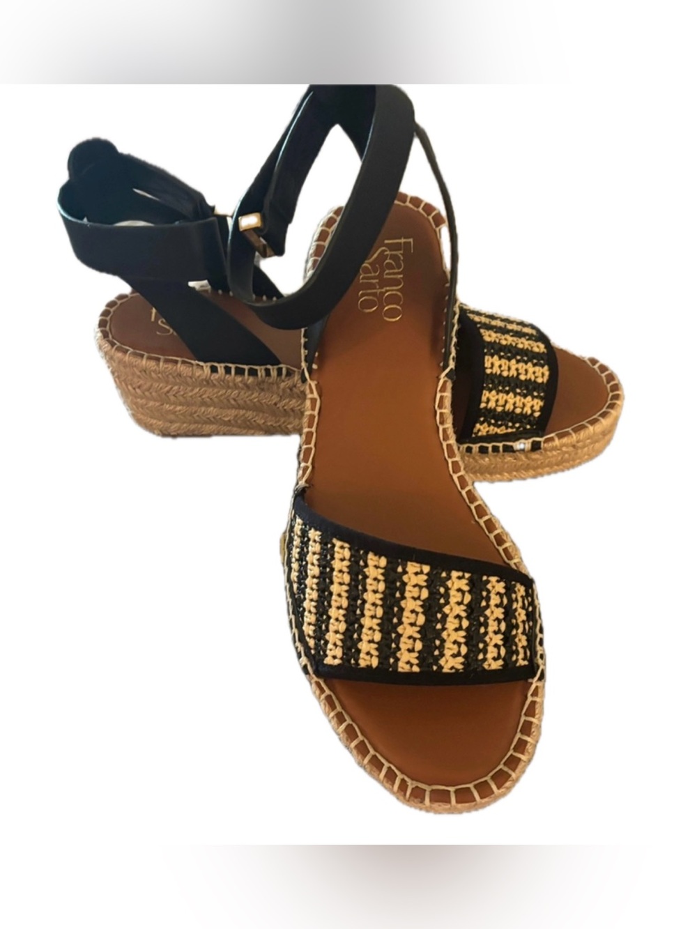 Franco Sarto Black and Natural Braided Espadrille Wedge Sandals